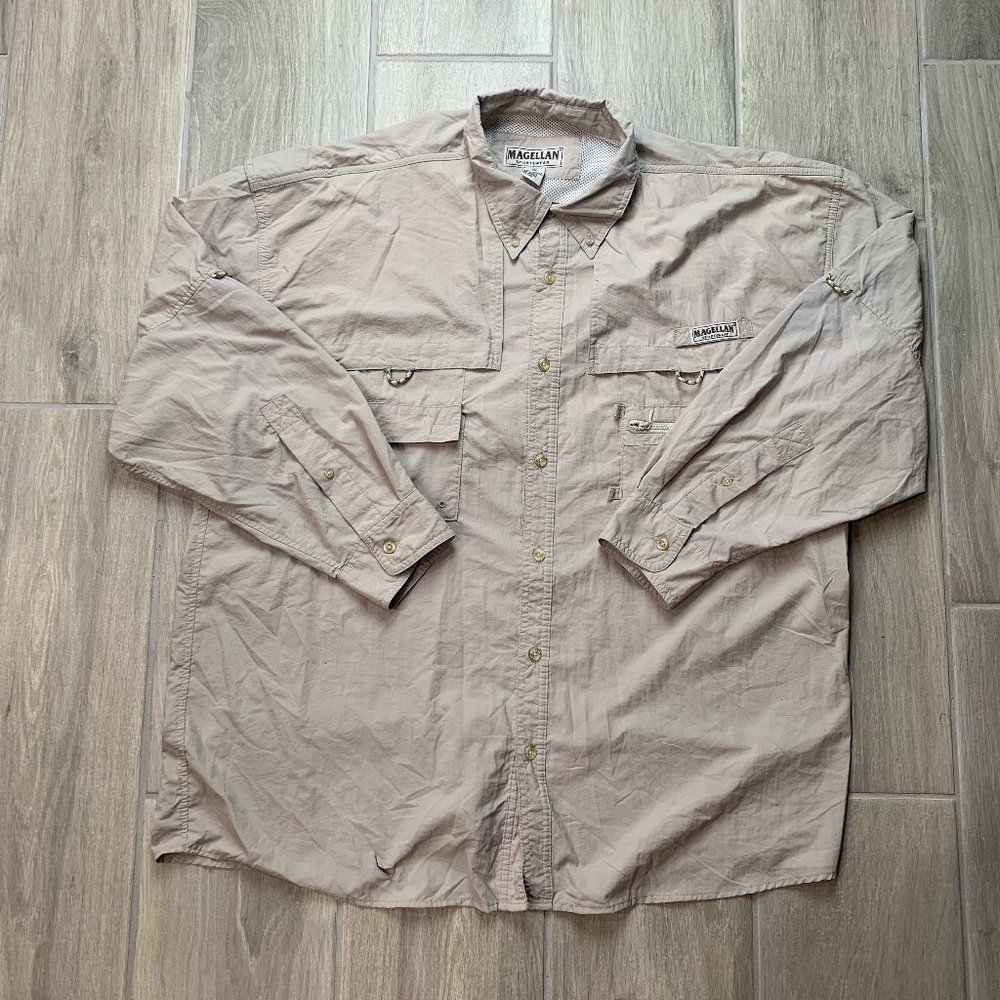 Magellan Sportswear Khaki Tan Hiking Camping Long Sleeve Button Up Shirt 2XL